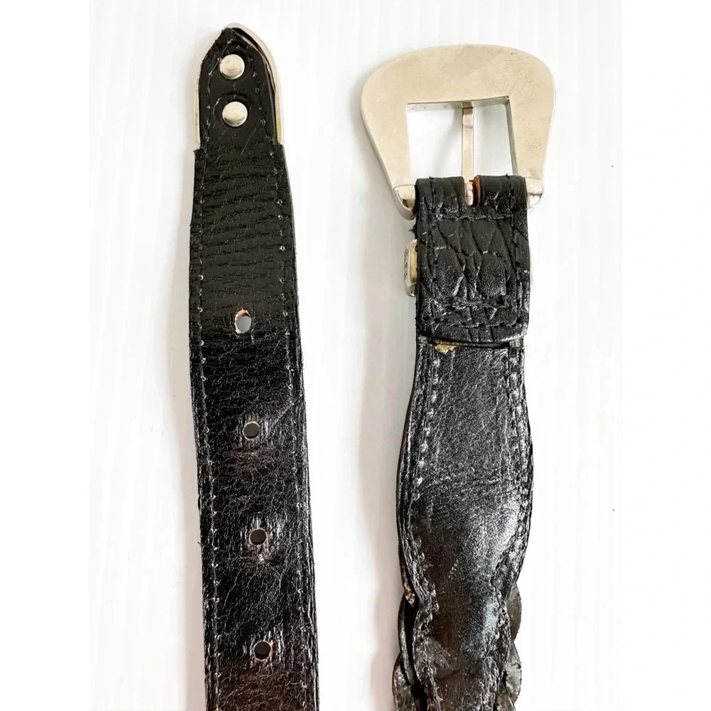 Vintage Crocodile, Woven Leather Belt Black Silver Decorative Buckle